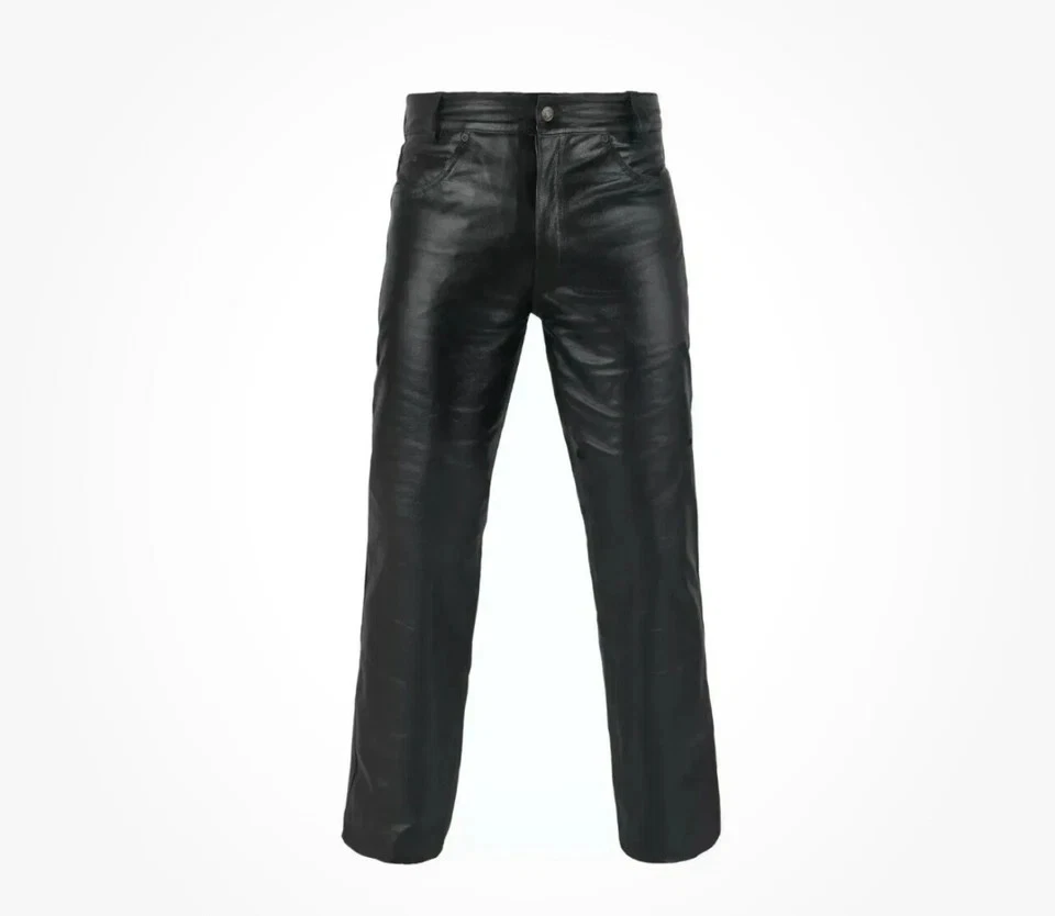 Men's Genuine Leather Pants with Zipper Soft Genuine Leather Biker Trouser Pant - Image 1 of 4