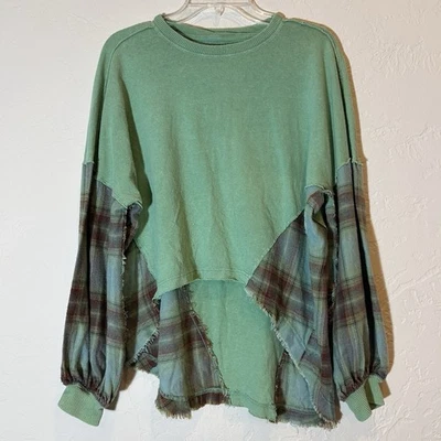 Sudadera Top Free People We The Free Mixed Media a Cuadros XS Verde Boho Grunge Foto 1 de 4