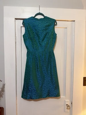 Vintage 60s Blue Green Brocade Wiggle  Fit And Flare Dress - Image 1 of 4
