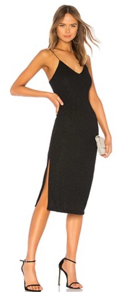 Vestido Alice + Olivia Midi Stila Metálico Seda Abertura Lateral 4 Negro Brillante Vacaciones Foto 1 de 4