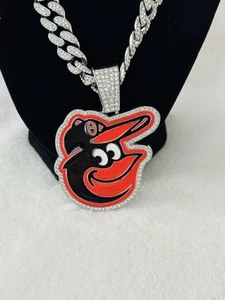 BALTIMORE ORIOLES GEM NECKLACE Silver Bling Pendant & 24” Chain, US SHIP - Picture 1 of 2