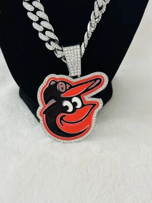 BALTIMORE ORIOLES GEM NECKLACE Silver Bling Pendant & 24” Chain, US SHIP - Image 1 of 2