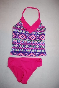 Girls Swimsuit 2 PC TANKINI SET Halter Neck AZTEC PRINT Pink Purple Blue XS 4-5 - Picture 1 of 1