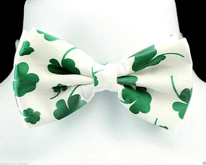 Green Shamrock Men's Bow Tie Adjustable St. Patrick's Day Pre-tied White Bowtie - Picture 1 of 2