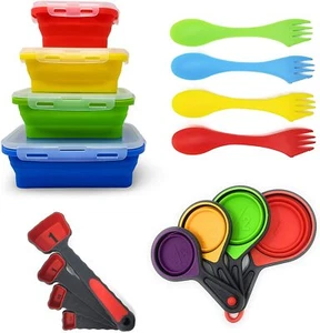 Collapsible Silicone Food Storage Container Measuring Cup Spoon Silicon BPA Free - Picture 1 of 9