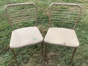 2 Vintage Beige Mid Century Folding Chair Metal wire pattern Cosco - Picture 1 of 4