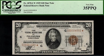1929 $20 Federal Reserve Bank Note Philadelphia Star Note  FR.1870-C* PCGS 35PPQ - Image 1 of 2