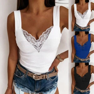 Women V-Neck Fashion Tunic Vest Tank Tops Tees T-Shirt Sexy Lace Pullover Tee · - Picture 1 of 13