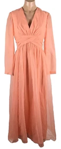 VINTAGE 1970'S JERRY MARSCH MARDI GRAS SILK PARTY HOSTESS MAXI DRESS Coral Sheer - Picture 1 of 7