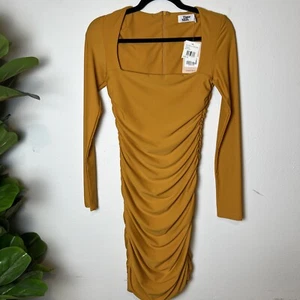Tiger Mist Tully Dress M Mustard Yellow Long Sleeve Bodycon Ruching Square Neck - Picture 1 of 11
