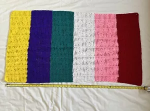Vintage Handmade Crochet Rainbow Color Block Striped Blanket Scarf Cozy Wrap - Picture 1 of 14