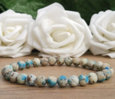 Frosted K2 Granite Stone Bead Stretch Bracelet, 8mm K2 Jasper Raindrop Azurite Foto 1 de 4