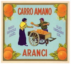 ORANGE CRATE LABEL VINTAGE ITALIAN PUSH CART 1930S NEW YORK CITY CARRO AMANO - Picture 1 of 1