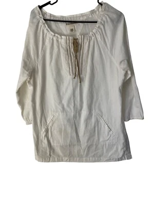 Blusa tallada con volantes para mujer grande marfil algodón lino boho corbata escote detalles tostados Foto 1 de 4