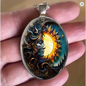 Sonne Mond Oval Halskette Schmuck Silber Gothic Natur Blume Göttin Anhänger E - Bild 1 von 4