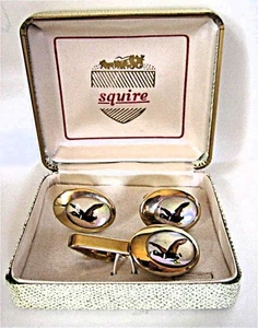 NIB Set of Reverse Intaglio Cameos on MOP VTG Cuff Links Tie Bar Mallard Ducks o - Bild 1 von 3