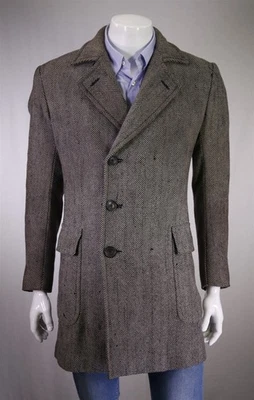 Tom Ford Mens Black Tan Herringbone Tweed Wool Silk Double Breasted Overcoat 38R - Image 1 of 4