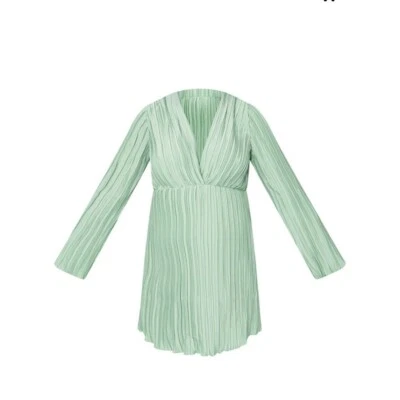 Pretty Little Thing Maternity Sage Green Plisse Plunge Mini Dress Size 12 Pleat - Image 1 of 4