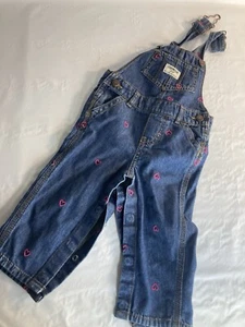 OshKosh B’Gosh Girls Denim Bib Overalls With Pink Hearts Size 12 Months - Picture 1 of 4