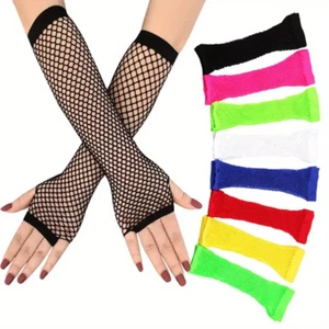 Fishnet Gloves Neon Fingerless Gloves 80s Fancy Dress Party Accessories Long /Sm - Picture 1 of 23