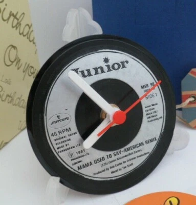 JUNIOR CLOCK Side Table Desk Top Upcycled Vinyl Record Hit Single GISCOMBE 4" . - Image 1 of 4