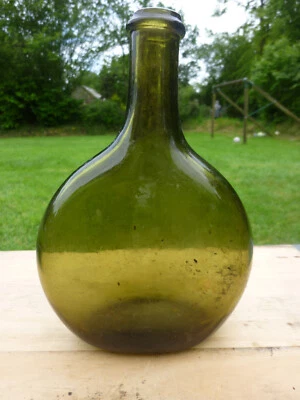 flasque bouteille gourde plate ancienne verre soufflé pontil glass flask 19ème - Photo 1/4