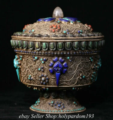 Olla tarro tapa templo gemas incrustaciones filigrana plata cristal tibetano antiguo de 10" Foto 1 de 4