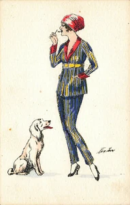 Künstler Xavier "Frau beleuchtet mit Hund " schöne Frau Postkarte - Bild 1 von 2
