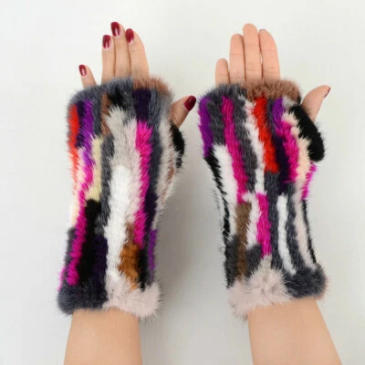 8 inch Women's Real Mink Fur Gloves Fingerless Knitted Wrist Cuffs Warm Sleeves - Image 1 of 4