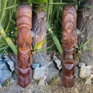 Hawaiian Tiki God Wooden Masks Hand Carved Set of 2-  39"x 6"in - Picture 1 of 5