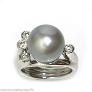 Tahitian Pearl Diamond  Ring 12 MM  AAA Flawless 14kt White Gold Silver Blue - Picture 1 of 4