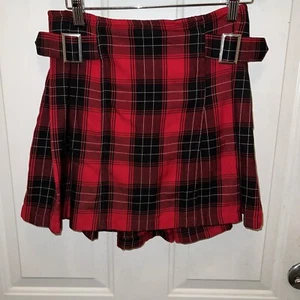 Justice Girls Plaid Pleated Mini Skirt Skort Size 14-16 Red Black Tartan Pull On - Picture 1 of 3
