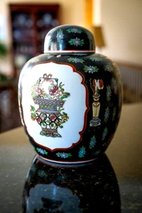 GRAN tarro de jengibre esmaltado negro chino vintage/antiguo 12 1/2 x 10 1/2" - Imagen 1 de 12