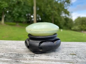 Chinese Round Celadon Jade Paste Box on Wood Stand - Picture 1 of 10