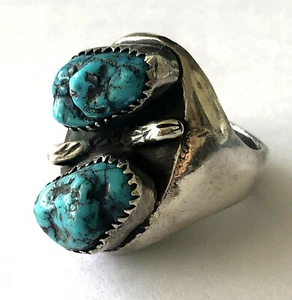 Vintage 2 Natural Turquoise Navajo Mens Tribal Ring Sterling Silver Size 10.25 - Picture 1 of 12
