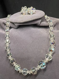 Antique Art Deco AB Aurora Borealis Crystal Beaded Necklace W Clip-On Earrings - Picture 1 of 10