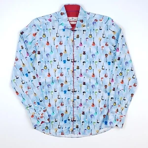 Claudio Lugli Guitar Print Shirt Small 37 38 Men Long Sleeve Blue Allover BNWOT - Picture 1 of 13