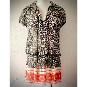~ ANNA SUI XS Silk Mini Dress/Top Tunic Flowy Sheer Lace-Up Black Cream Orange - Picture 1 of 14