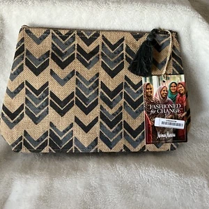 Neiman Marcus Makeup Travel Bag Burlap Tan & Blue World Fair Trade Org - NEW - Picture 1 of 11