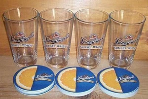 LEINENKUGELS SUNSET WHEAT 4 BAR BEER PINT GLASSES & 20 COASTERS LEINE NEW - Picture 1 of 1