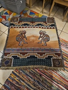 Vintage Southwest Style Woven Tapestry Throw Blanket Kokopelli Turtle - Picture 1 of 3