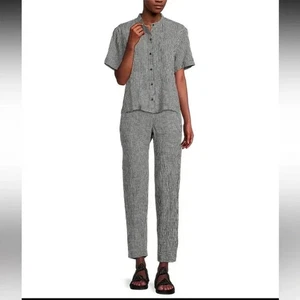 Eileen Fisher Puckered Organic Linen Set Tapered Pant-(M) Button Top-(L) Blk-Wt - Picture 1 of 17
