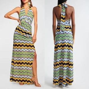 Ramy Brook Alia Boho Eclectic 70s Wave Jacquard Halter Maxi Summer Dress 14 NWT - Picture 1 of 12