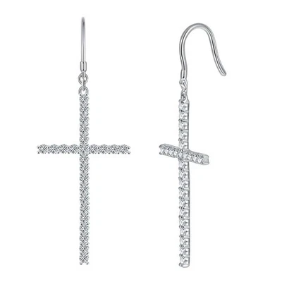 Full Real Round Moissanite Cross Drop Dangle Earrings 925 Sterling Silver GRA - Image 1 of 4