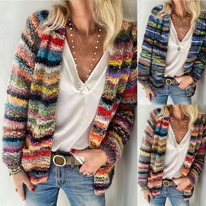 Women Knitted Cardigan Jacket Rainbow Striped Sweater Ladies Loose Casual Coat - Picture 1 of 14