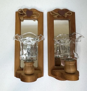(2) Wooden Mirror Candle Wall Sconces Hearts Glass Globes Cottagecore Vintage - Picture 1 of 10