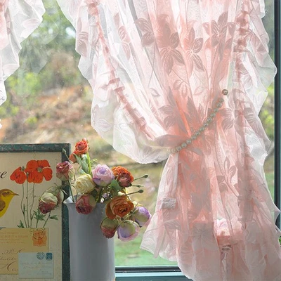 French Pink Lace Flowers Curtains for Living Room Bedrooms Window Curtains - Image 1 of 4