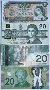 Four (4) Bank of CANADA $20 Vingt Twenty Dollars banknotes : 1979 1991 2004 2012 - Picture 1 of 2