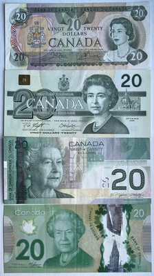Four (4) Bank of CANADA $20 Vingt Twenty Dollars banknotes : 1979 1991 2004 2012 - Image 1 of 2
