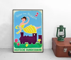 Poster Deutsche Bahn Reisen im Frühling Bundesbahn 1950er Eisenbahn Plakat - Bild 1 von 3